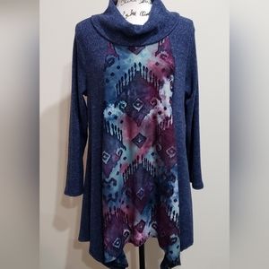 Cal Style Mixed Media Cowl Neck Three Quarter Sleeve Tunic Top